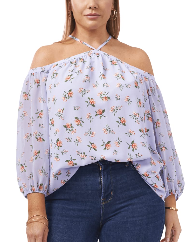 Front of a model wearing a size 1X Clara Off The Shoulder Halter Top in FLRL TWLGHT SKY by 1.State. | dia_product_style_image_id:262178